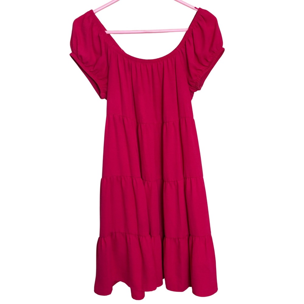 Riley & Rae Tiered Mini Dress Womens Small Magenta Pink Puff Sleeve Preppy Boho